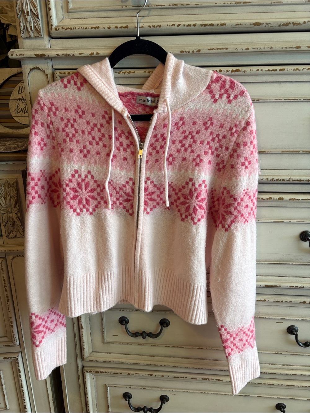 Madden Girl Light Pink Fair Isle Zip Hoodie Sweater
